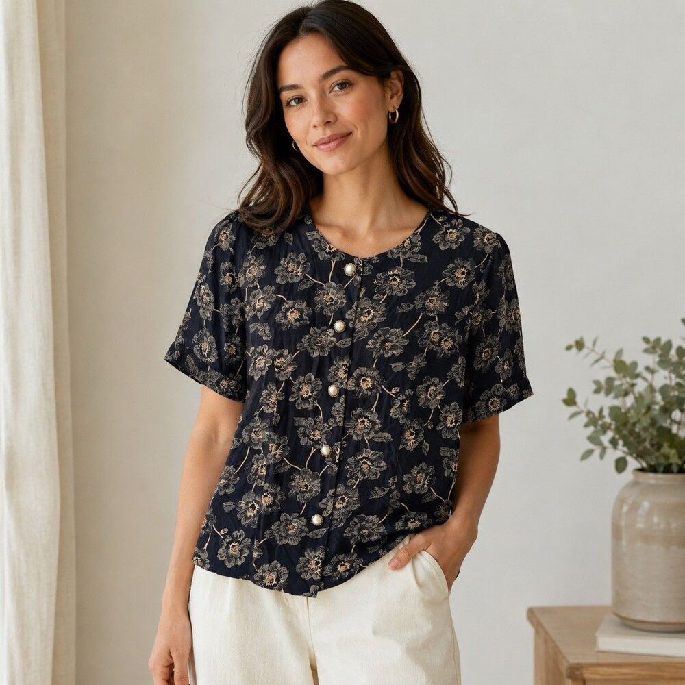 Vintage Good Times USA Black Floral Blouse Pearl Buttons Old Money Preppy Large